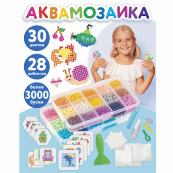 Аквамозаика, 30 цветов, 3000 бусин, в колорбоксе, ЮНЛАНДИЯ, 663780 (в упаковке 1 шт.)