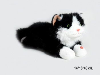 им Кот арт. 209094 Пушистый черно-белый лежит мяукает 40 см в пак.